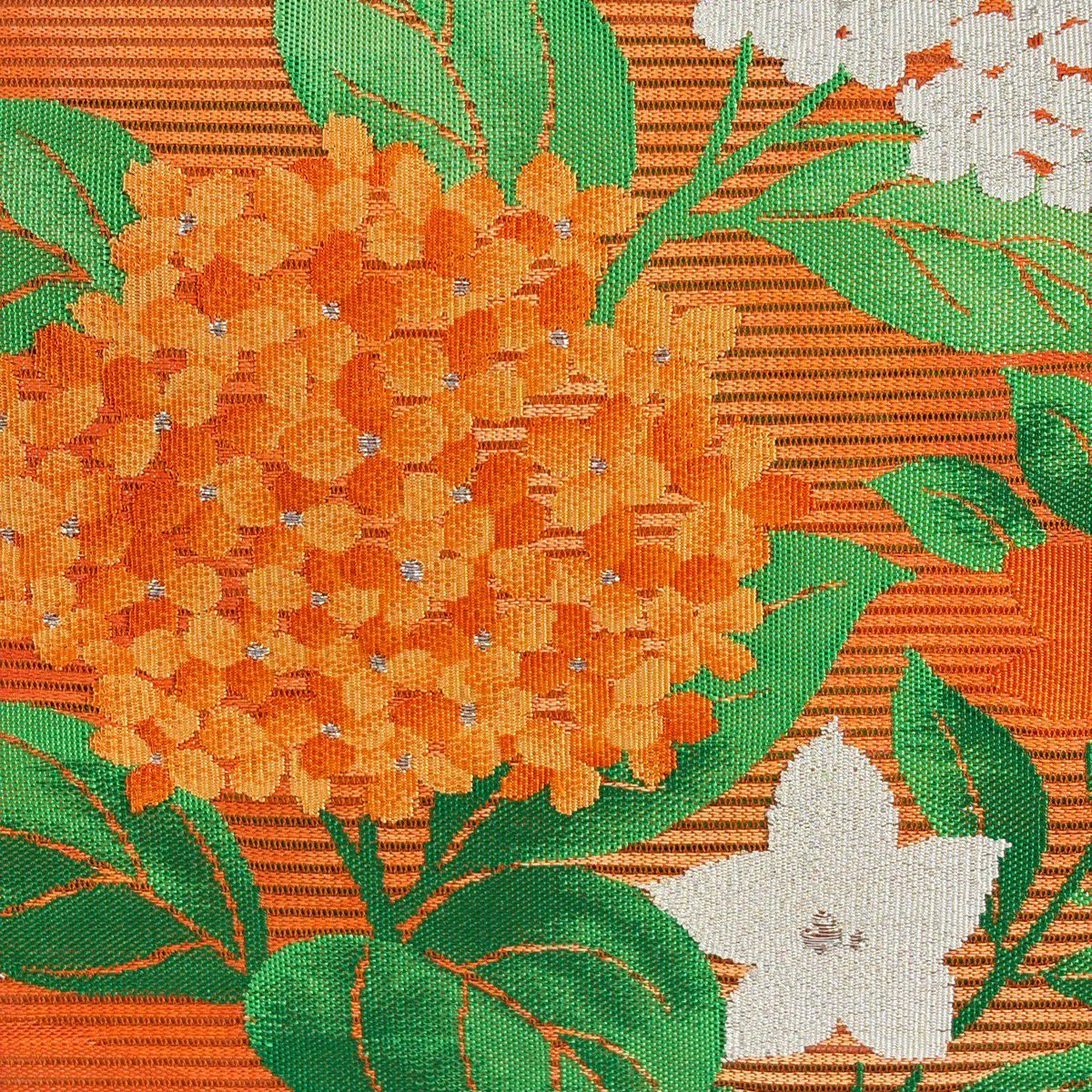 【美品】 名古屋帶 優品級 夏帶 紫陽花 桔梗 金銀彩 橙色 純蠶絲