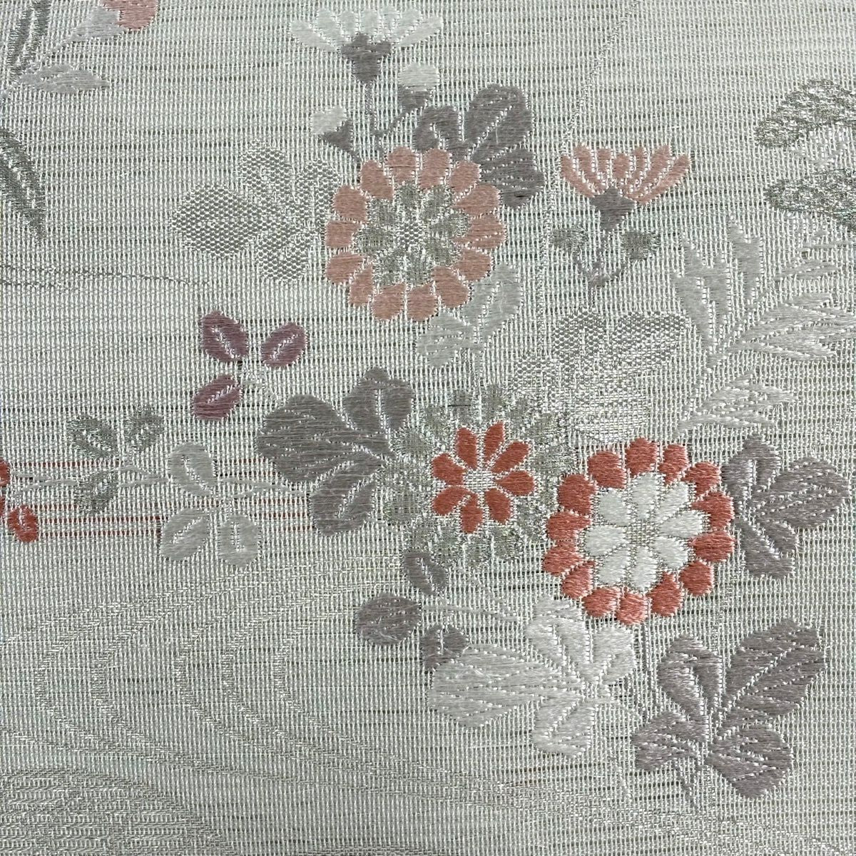 【美品】 名古屋帶 優品級 夏帶 秋草 流水 金銀彩 刺繡 灰色 純蠶絲
