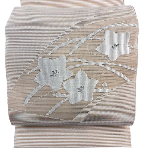 【美品】 名古屋帶 優品級 松樹葉裁縫 八寸名古屋帶 夏帶 絽 花紋 扇子面 銀線 米色 純蠶絲