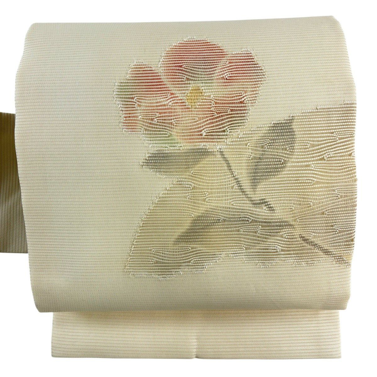 【美品】名古屋帶 優品級 夏帶 絽 草花紋 淡米色 純蠶絲