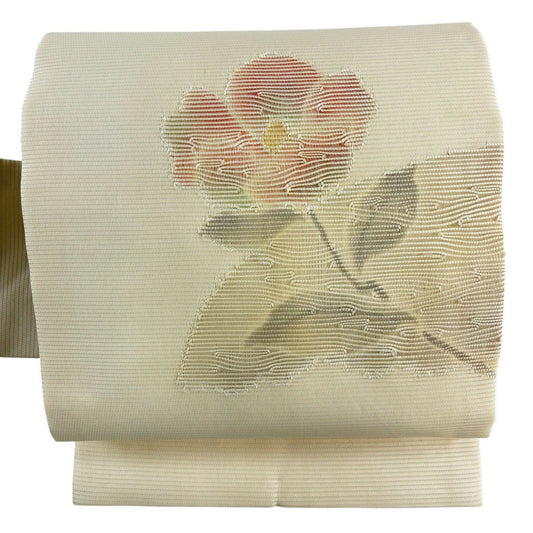 【美品】名古屋帶 優品級 夏帶 絽 草花紋 淡米色 純蠶絲