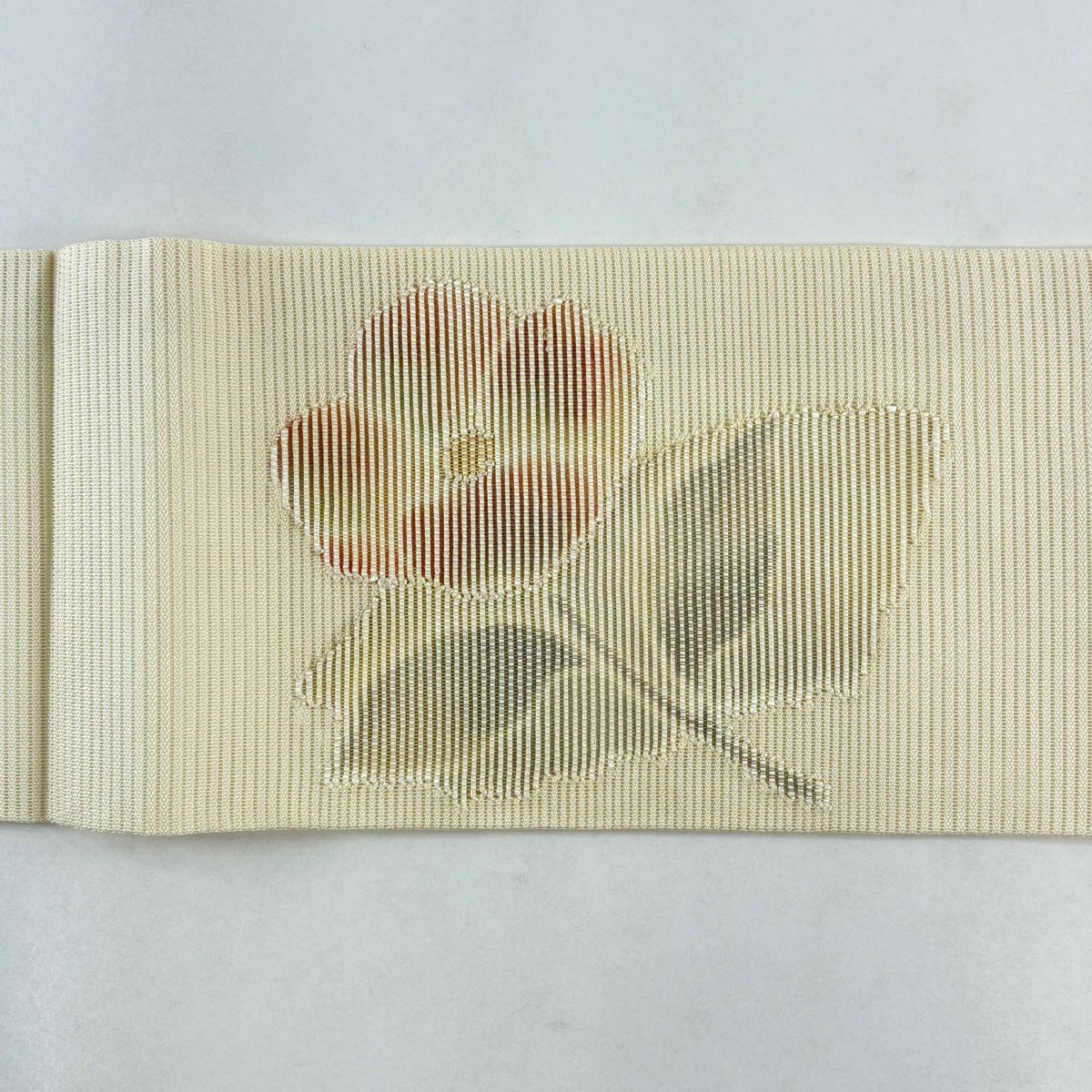 【美品】名古屋帶 優品級 夏帶 絽 草花紋 淡米色 純蠶絲