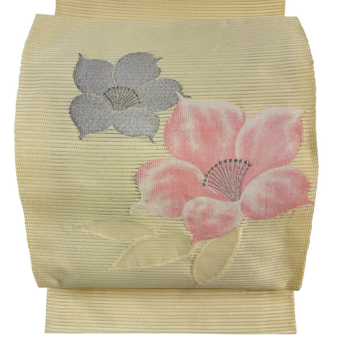 【美品】 名古屋帶 優品級 松樹葉仕立 雙層八寸名古屋帶 夏帶 絽料 トンネル仕立 草花紋紋 銀線 淺黃 純蠶絲