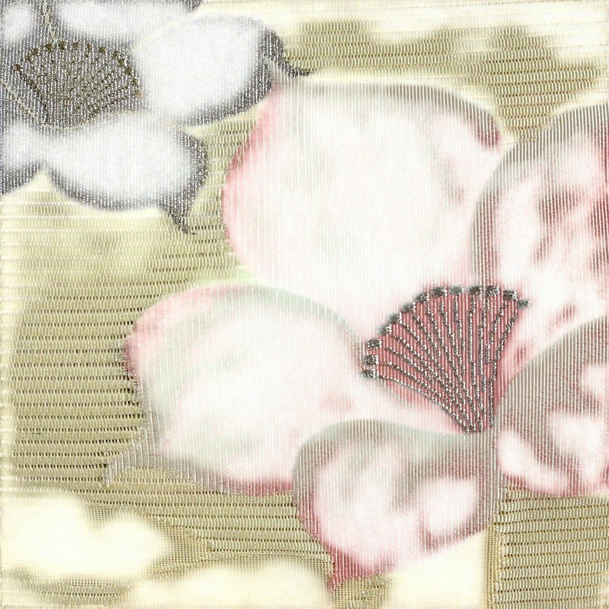 【美品】 名古屋帶 優品級 松樹葉仕立 雙層八寸名古屋帶 夏帶 絽料 トンネル仕立 草花紋紋 銀線 淺黃 純蠶絲