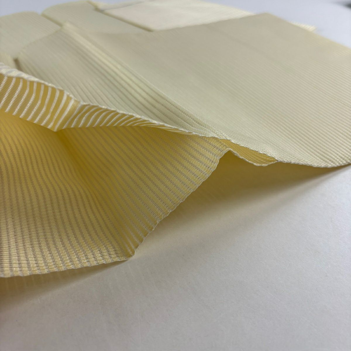 【美品】 名古屋帶 優品級 松樹葉仕立 雙層八寸名古屋帶 夏帶 絽料 トンネル仕立 草花紋紋 銀線 淺黃 純蠶絲