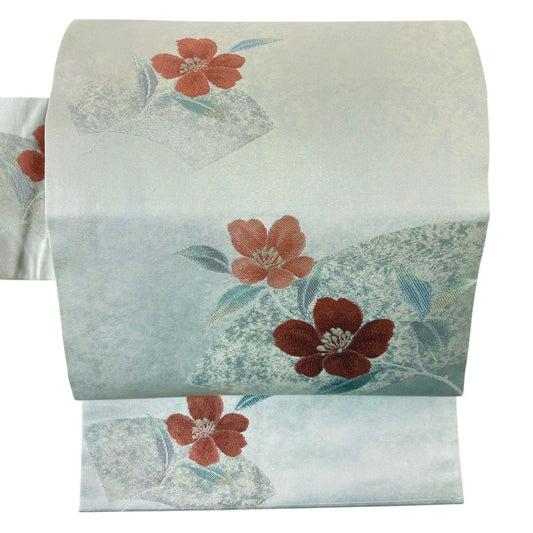 名古屋帶 優品級 扇子面 草花紋 金絲 金金箔 奶油色 純蠶絲