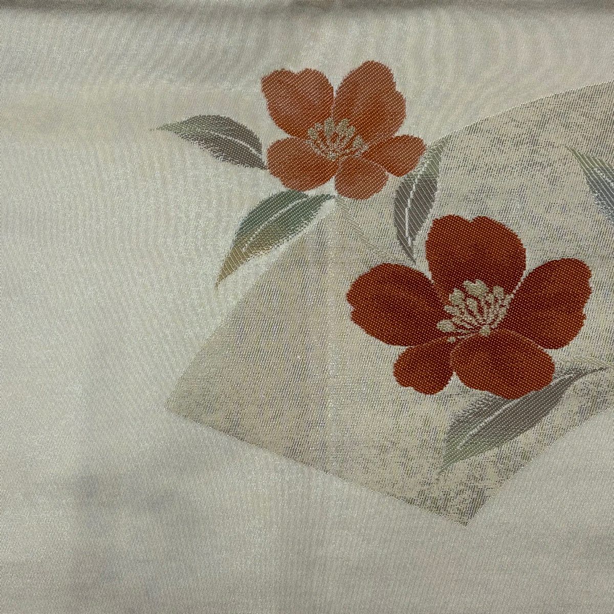 名古屋帶 優品級 扇子面 草花紋 金絲 金金箔 奶油色 純蠶絲