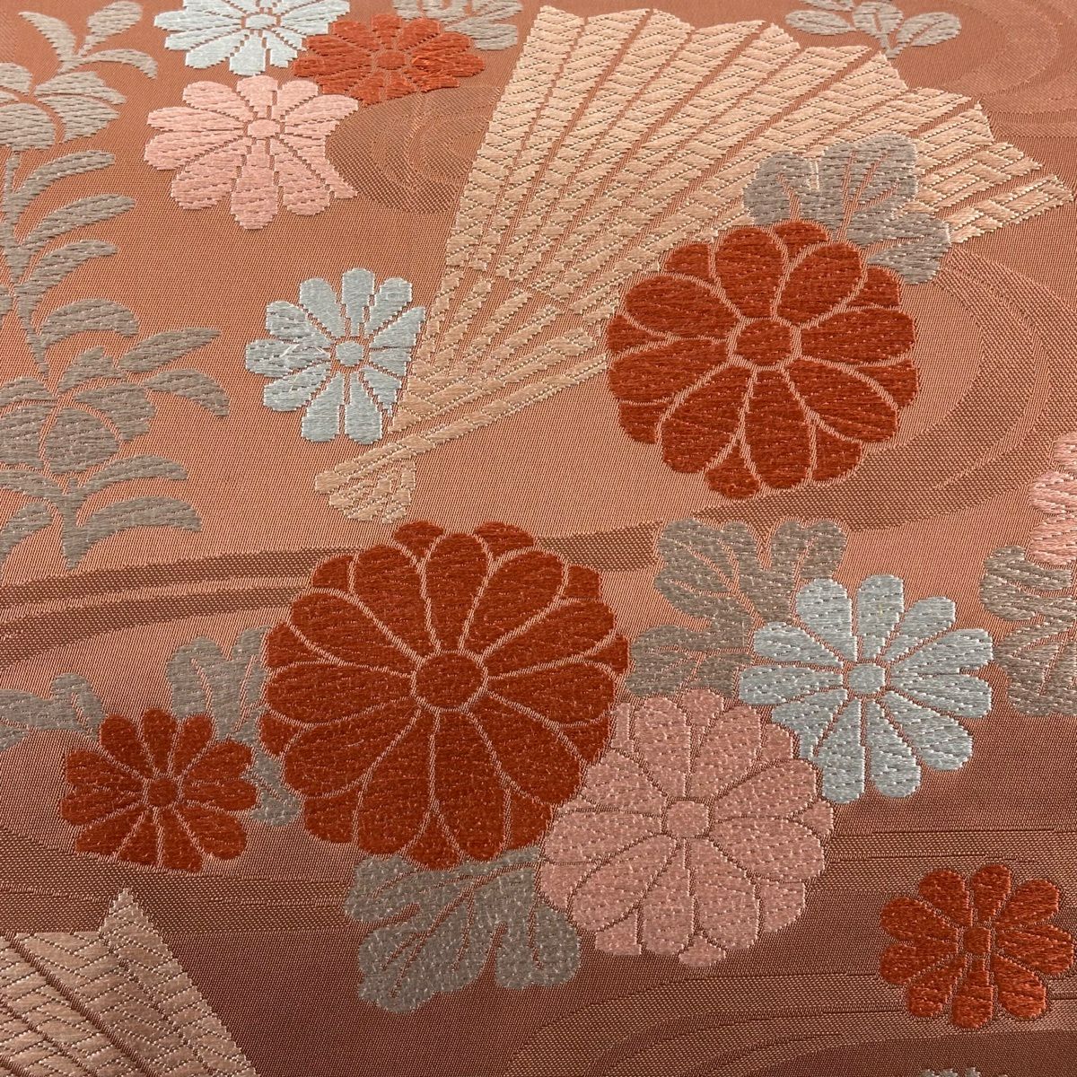 名古屋帶 優品級 渡文 落款あり 桧扇子 菊花 唐織 粉紅 純蠶絲