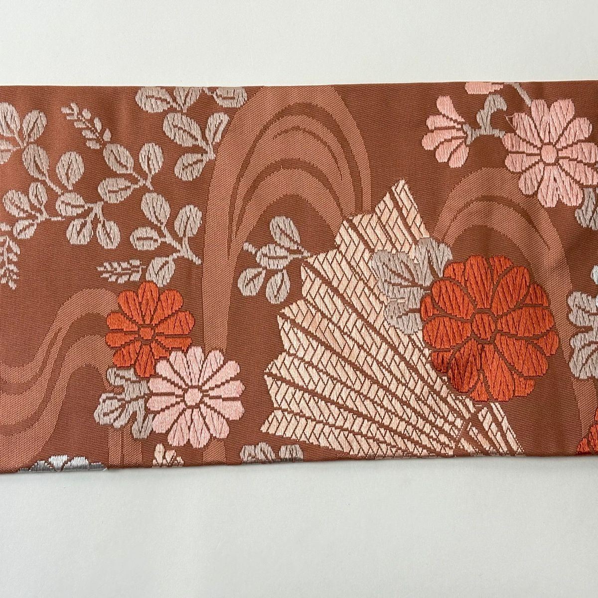 名古屋帶 優品級 渡文 落款あり 桧扇子 菊花 唐織 粉紅 純蠶絲