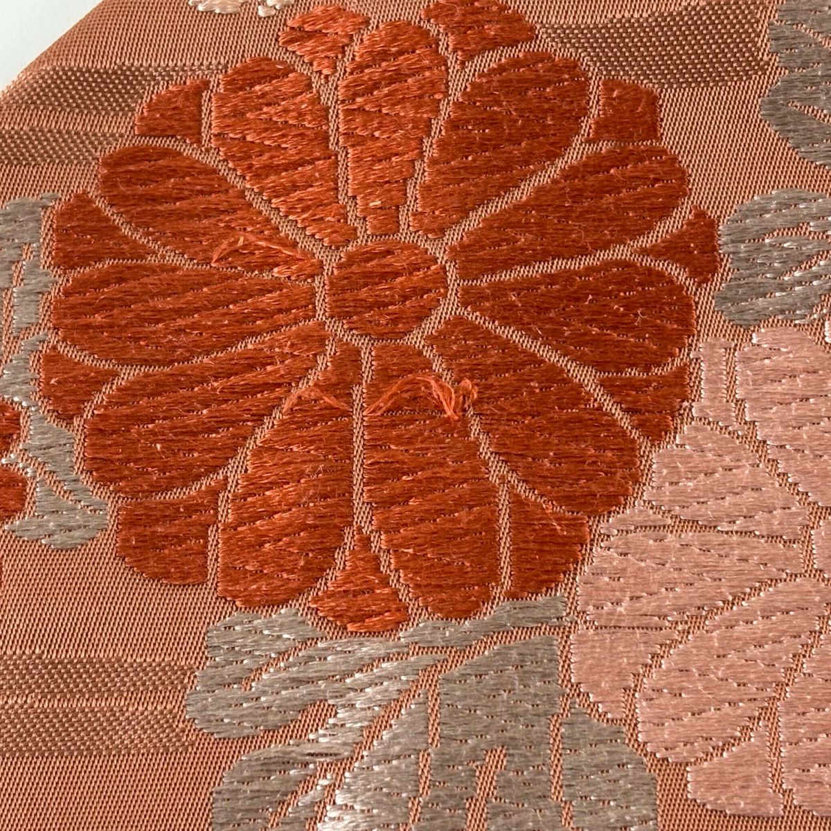 名古屋帶 優品級 渡文 落款あり 桧扇子 菊花 唐織 粉紅 純蠶絲