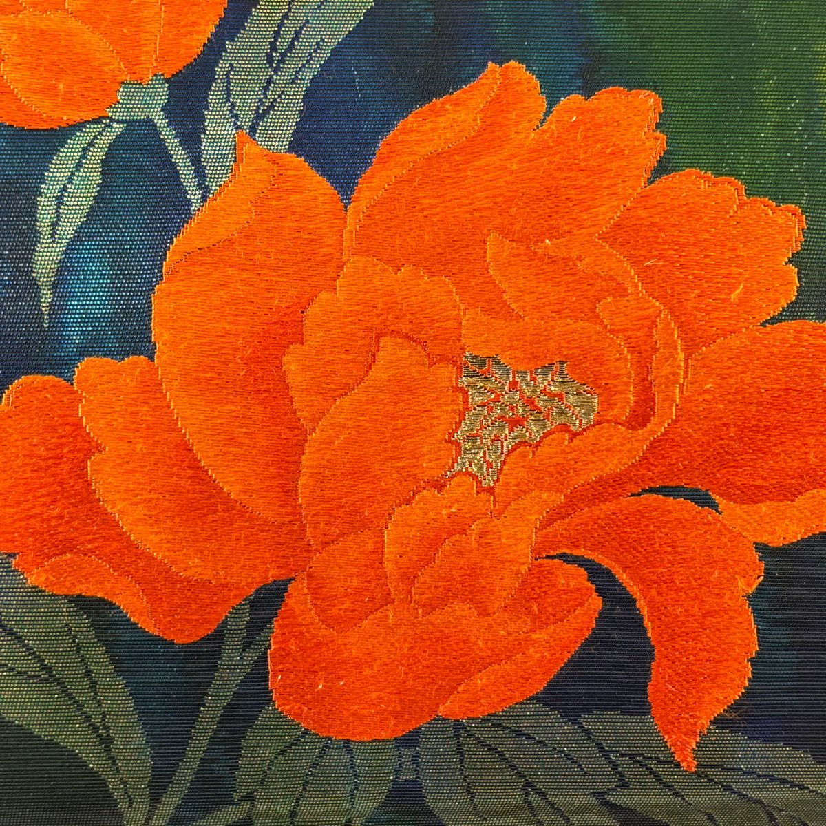 名古屋帶 優品級 牡丹 金金箔 刺繡 青紫 純蠶絲