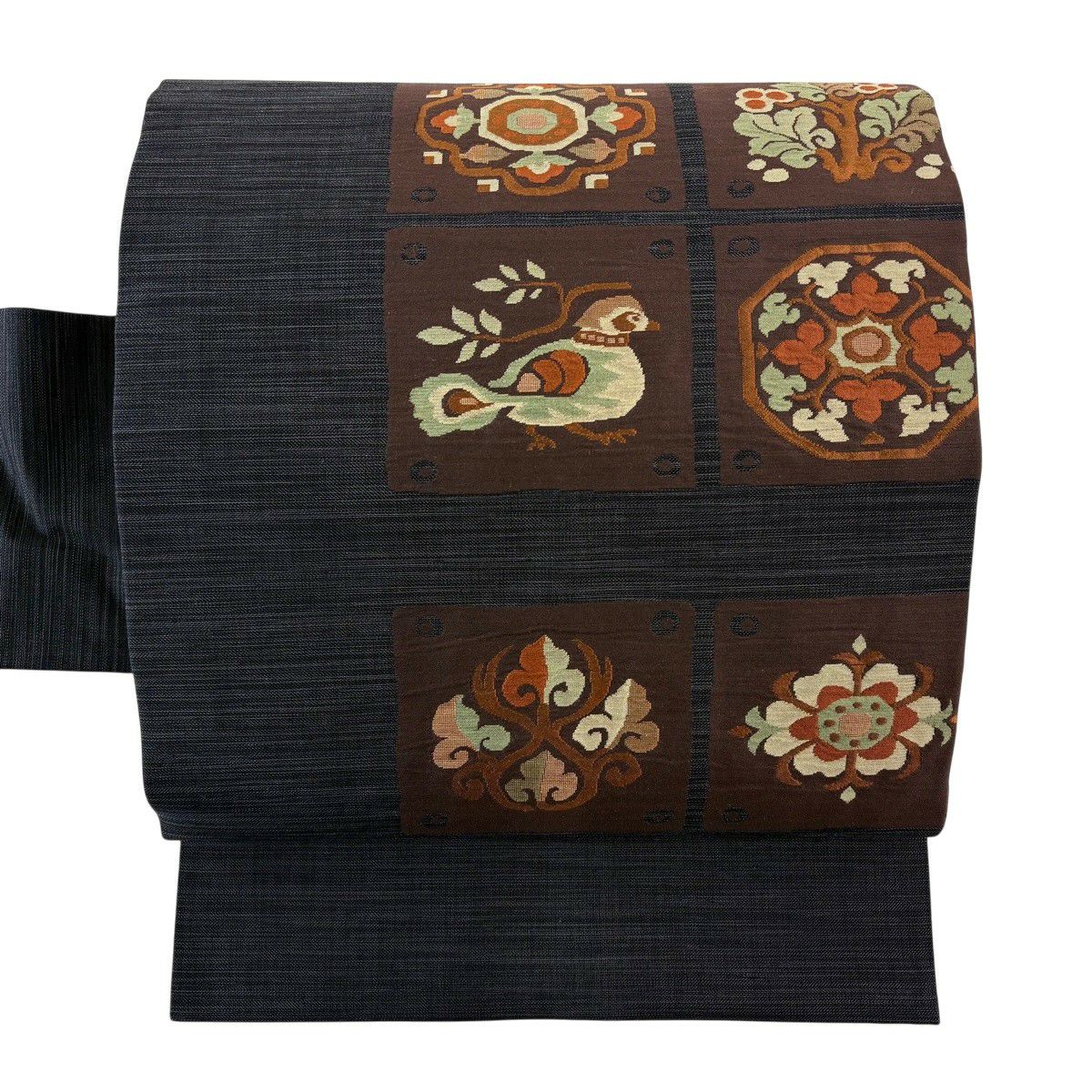 【美品】 名古屋帶 優品級 草花紋紋 鳥 黑灰 純蠶絲