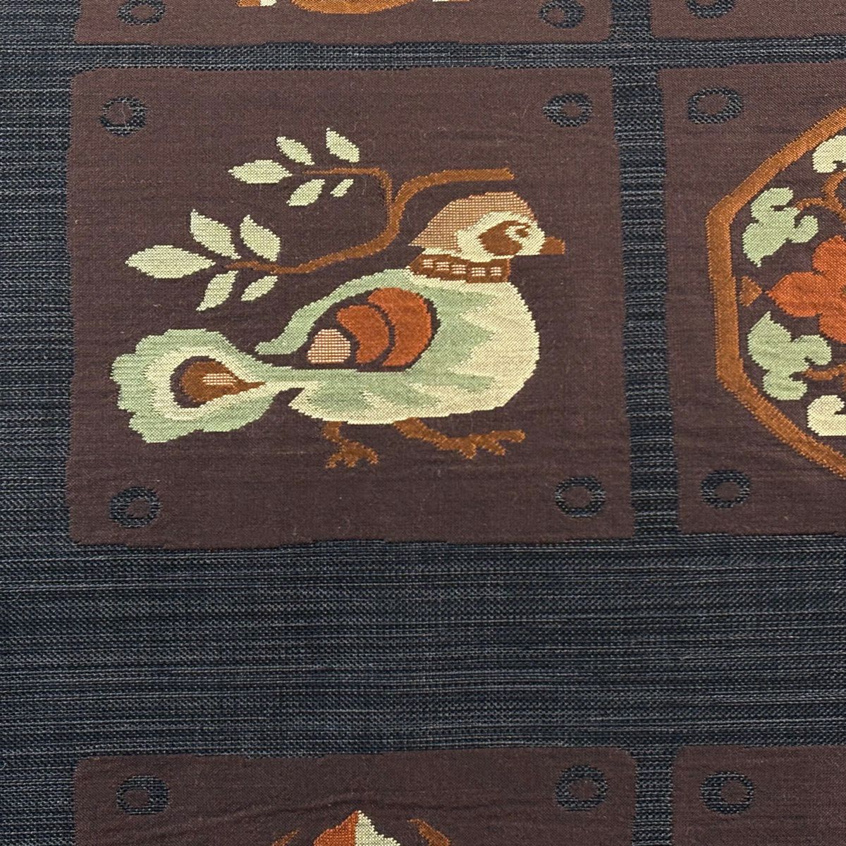 【美品】 名古屋帶 優品級 草花紋紋 鳥 黑灰 純蠶絲