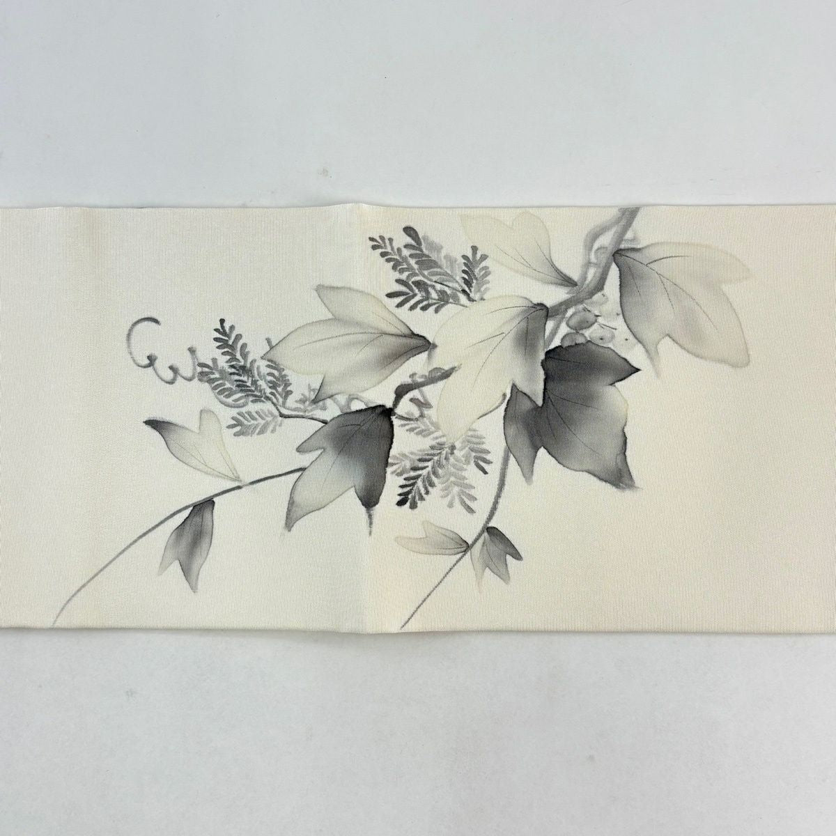 名古屋帶 優品級 附有落款 葉與果實 奶油色 純蠶絲