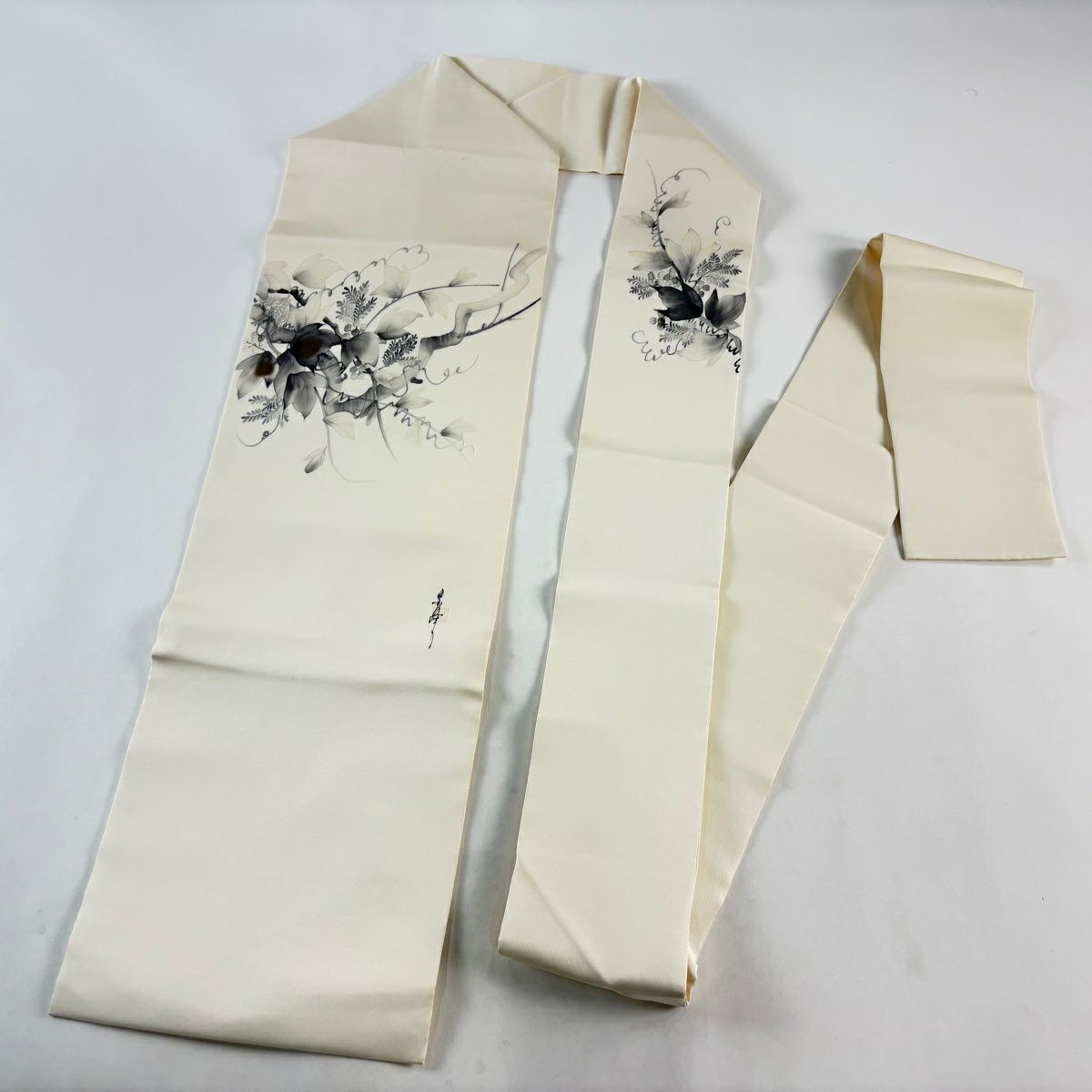 名古屋帶 優品級 附有落款 葉與果實 奶油色 純蠶絲