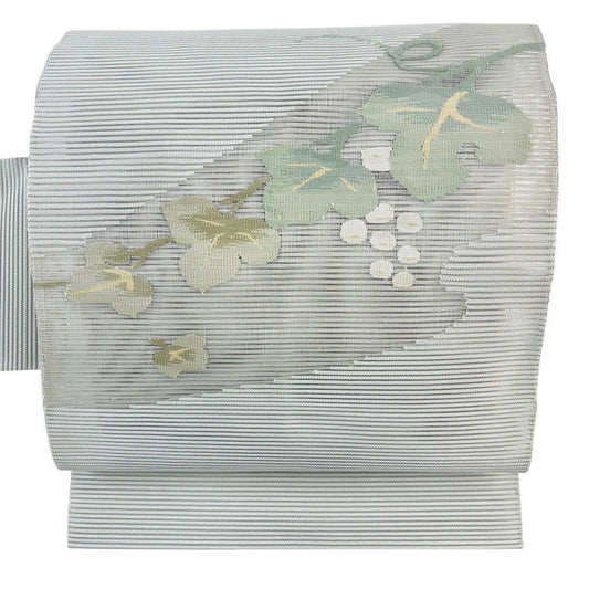 【美品】名古屋帶 優品級 夏帶 葡萄 灰綠 純蠶絲