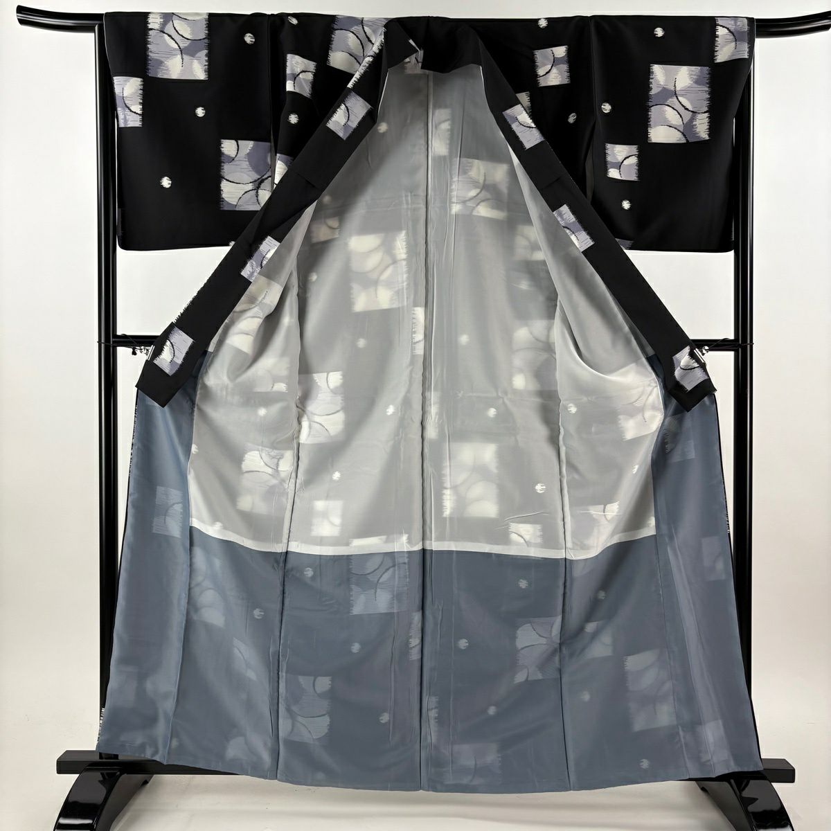 【美品】 小紋 身長162cm 袖長65cm M 雙層 可洗和服 幾何學 黑 化纖 優品級