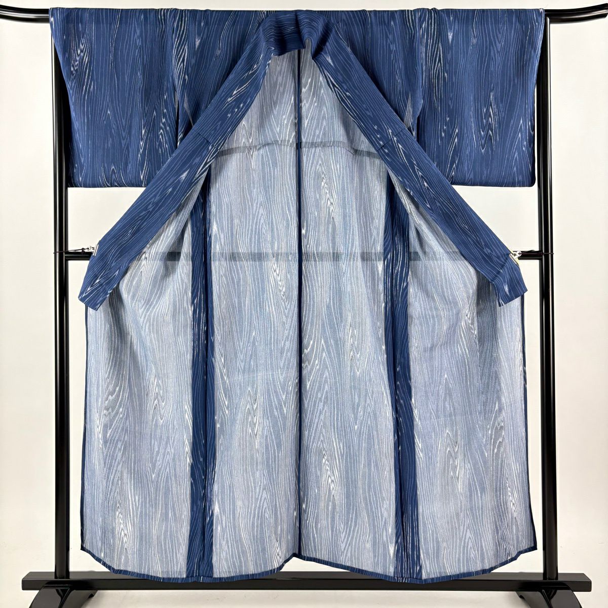 【美品】 小紋 身長156cm 袖長67cm M 薄物 三美 可洗和服 木紋圖案 藍色 化纖 優品級