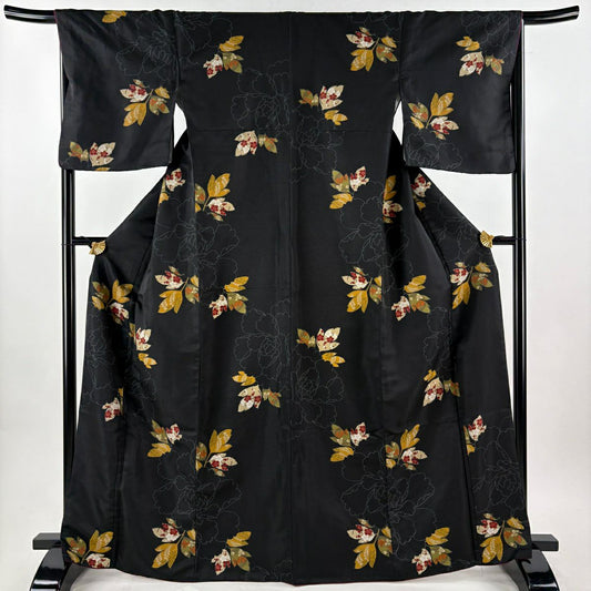 【美品】 小紋 身長168cm 袖長67cm M 雙層 可洗和服 牡丹 梅花 黑 化纖 優品級
