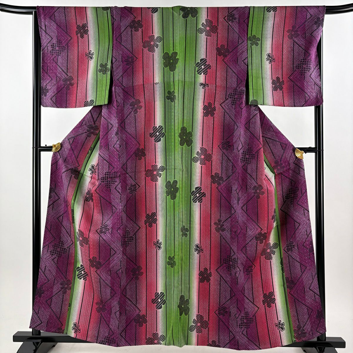 【美品】 小紋 身長159cm 袖長67cm M 單層 縱條 花 金金箔 紫 化纖 優品級