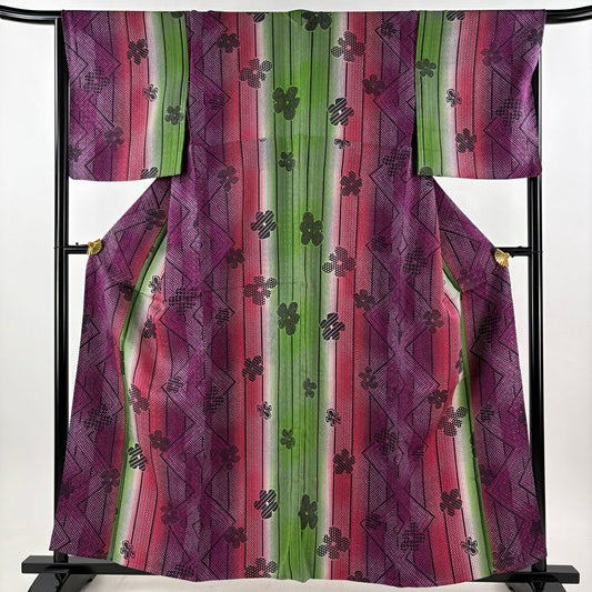 【美品】 小紋 身長159cm 袖長67cm M 單層 縱條 花 金金箔 紫 化纖 優品級