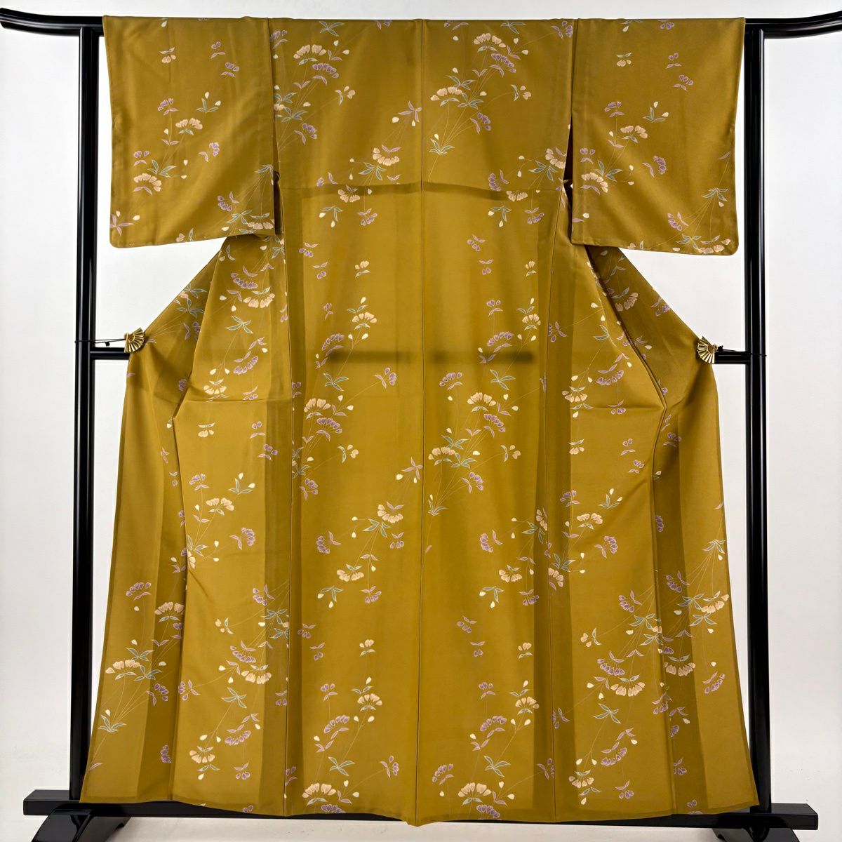 【美品】 小紋 身長160.5cm 袖長63cm S 單層 可洗和服 草花紋紋 山吹茶 化纖 優品級