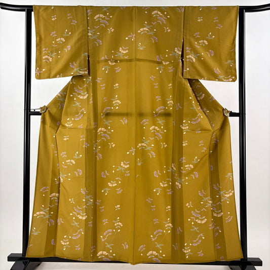 【美品】 小紋 身長160.5cm 袖長63cm S 單層 可洗和服 草花紋紋 山吹茶 化纖 優品級