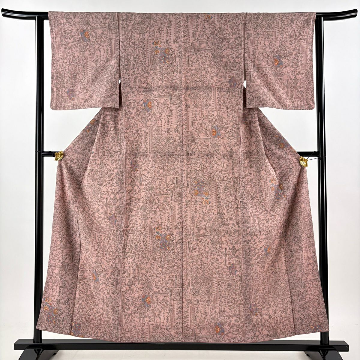 【美品】 小紋 身長156cm 袖長62cm S 雙層 可水洗和服 草花紋紋 幾何學 薄小豆 化纖 優品級