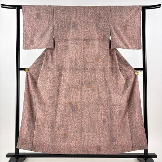 【美品】 小紋 身長156cm 袖長62cm S 雙層 可水洗和服 草花紋紋 幾何學 薄小豆 化纖 優品級