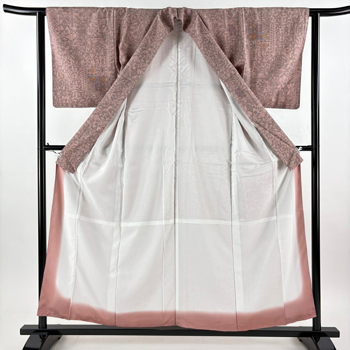 【美品】 小紋 身長156cm 袖長62cm S 雙層 可水洗和服 草花紋紋 幾何學 薄小豆 化纖 優品級