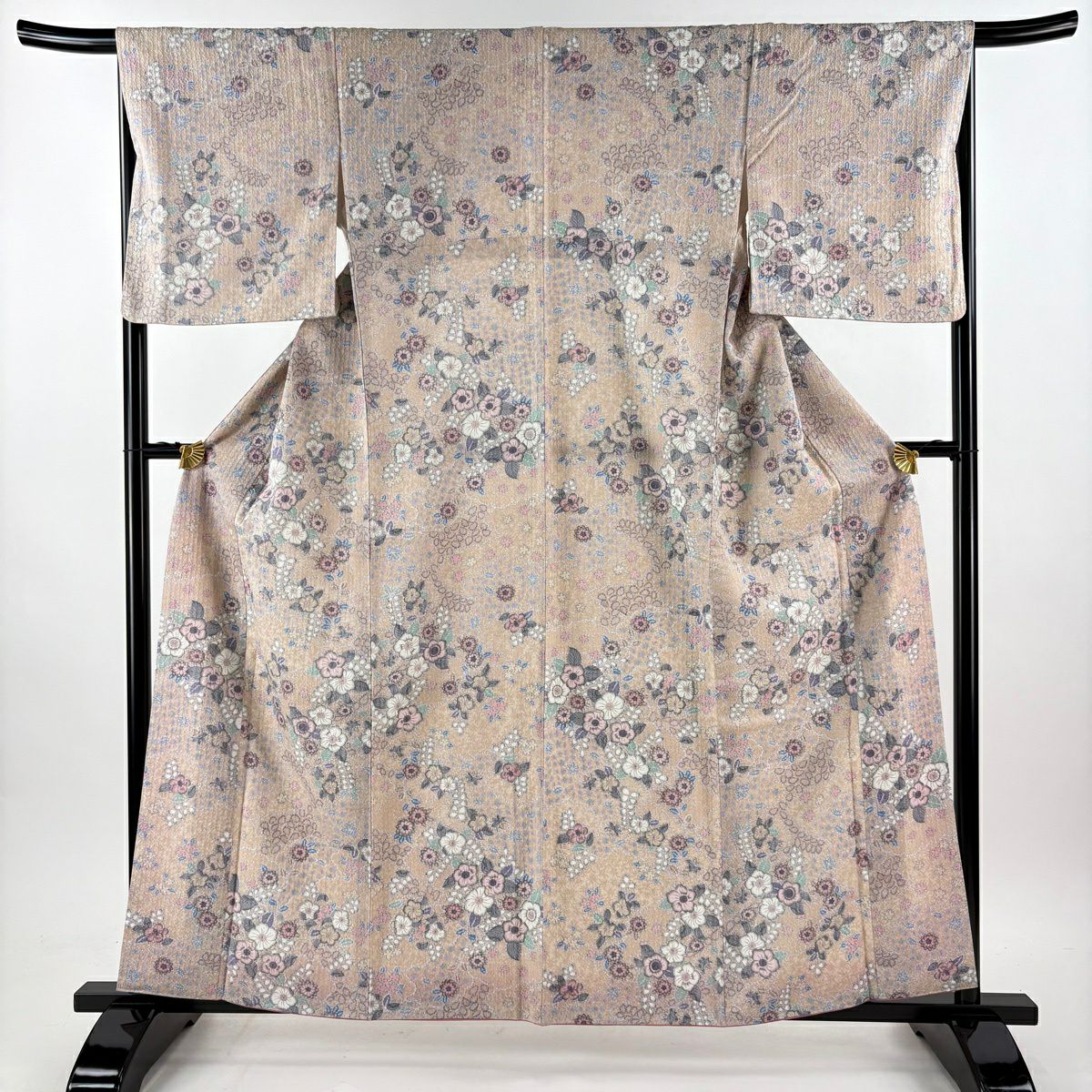 【美品】 小紋 身長160cm 袖長67.5cm L 雙層 洗得的和服 辻花染圖案 淺豆色 化纖 優品級