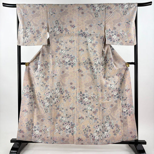 【美品】 小紋 身長160cm 袖長67.5cm L 雙層 洗得的和服 辻花染圖案 淺豆色 化纖 優品級