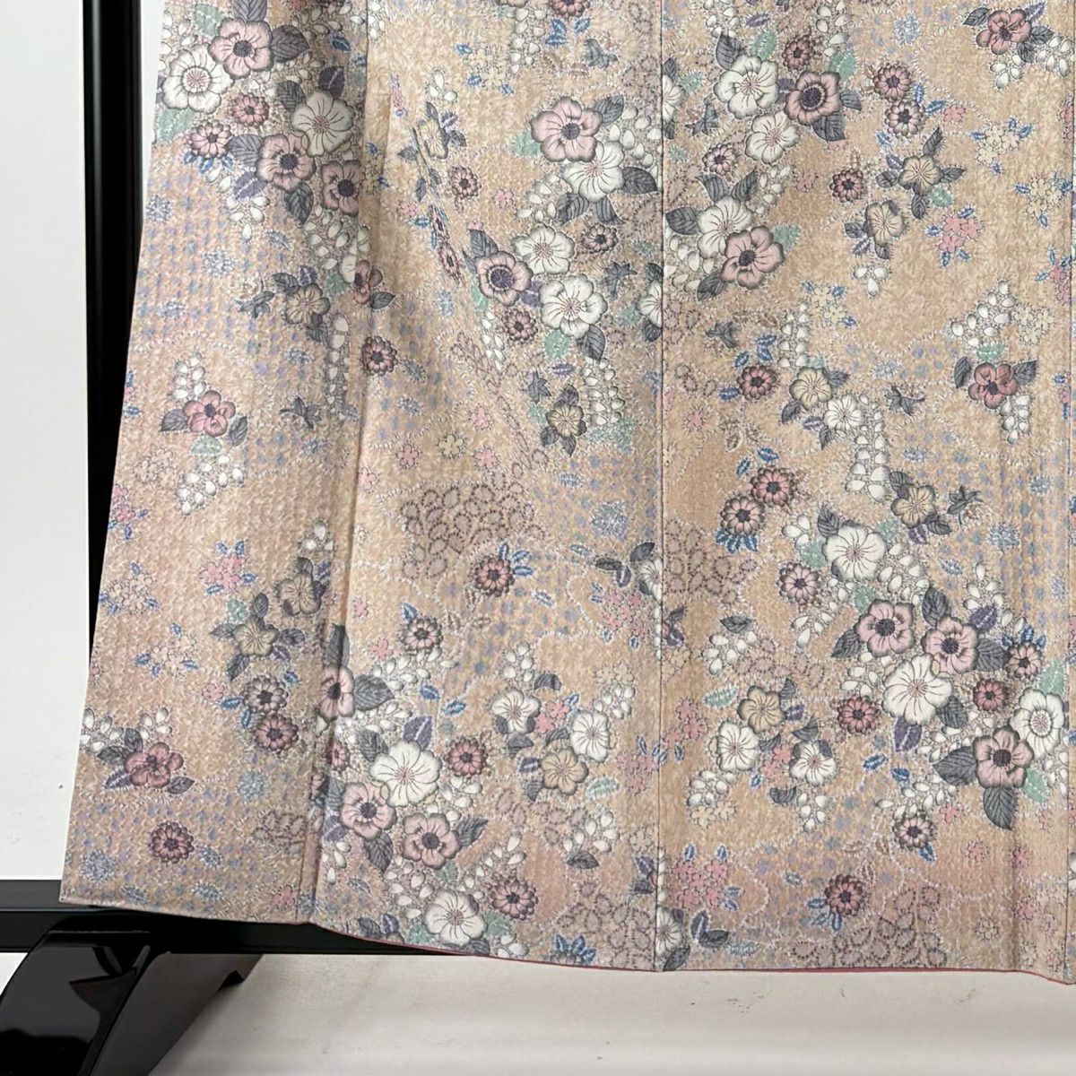【美品】 小紋 身長160cm 袖長67.5cm L 雙層 洗得的和服 辻花染圖案 淺豆色 化纖 優品級