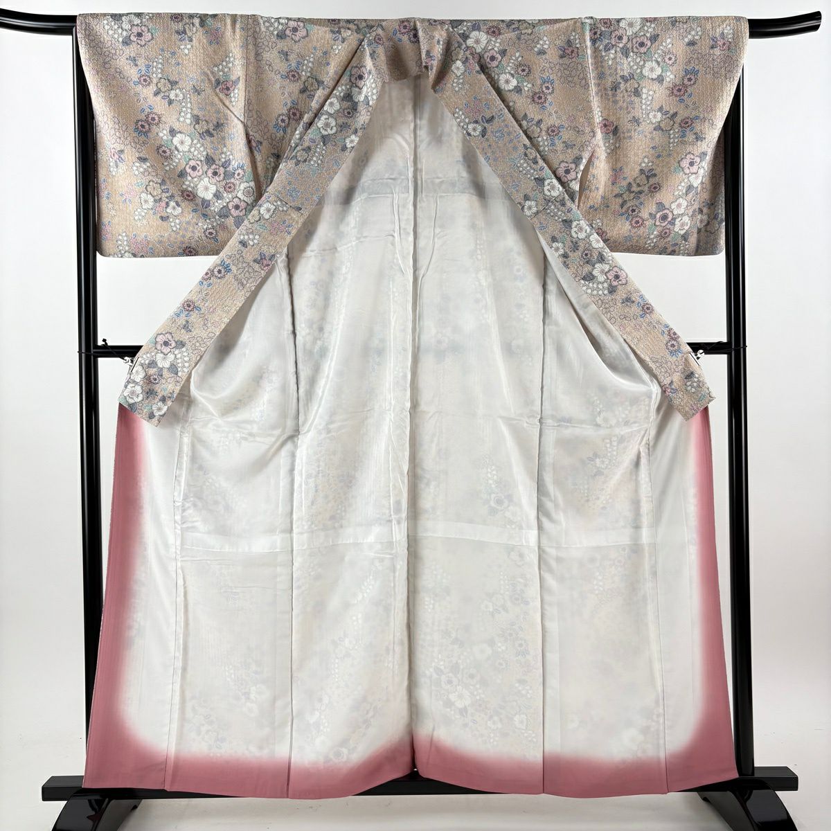【美品】 小紋 身長160cm 袖長67.5cm L 雙層 洗得的和服 辻花染圖案 淺豆色 化纖 優品級