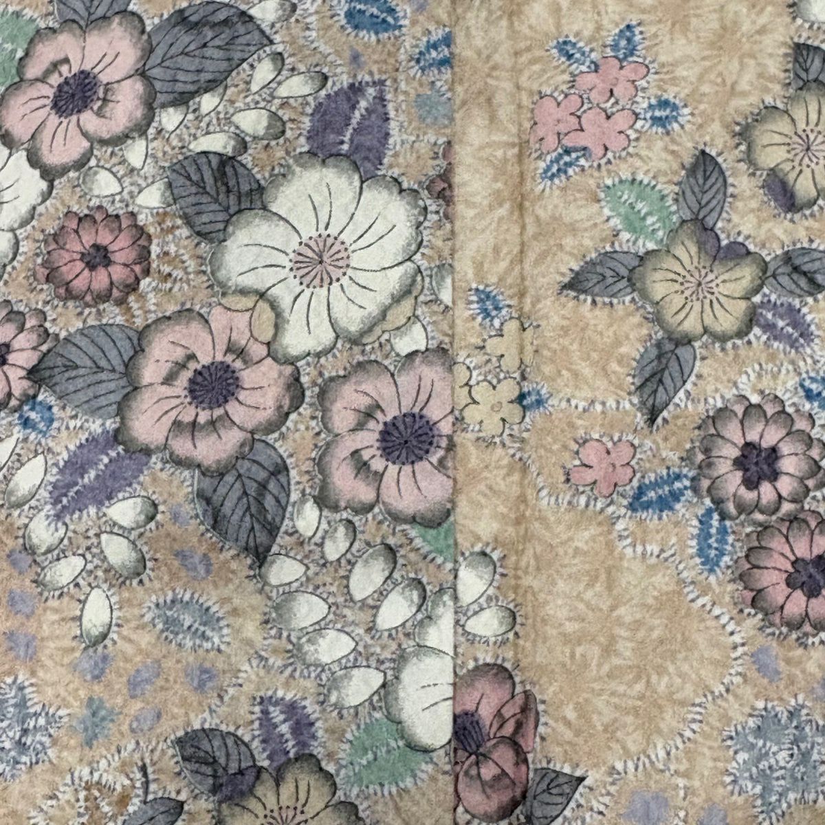 【美品】 小紋 身長160cm 袖長67.5cm L 雙層 洗得的和服 辻花染圖案 淺豆色 化纖 優品級