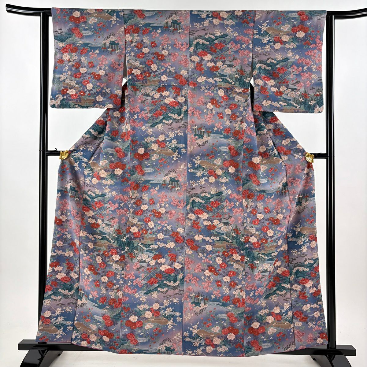 小紋 身長161cm 袖長62cm S 雙層 可洗和服 草花紋紋 水邊風景 灰紫 化纖 優品級