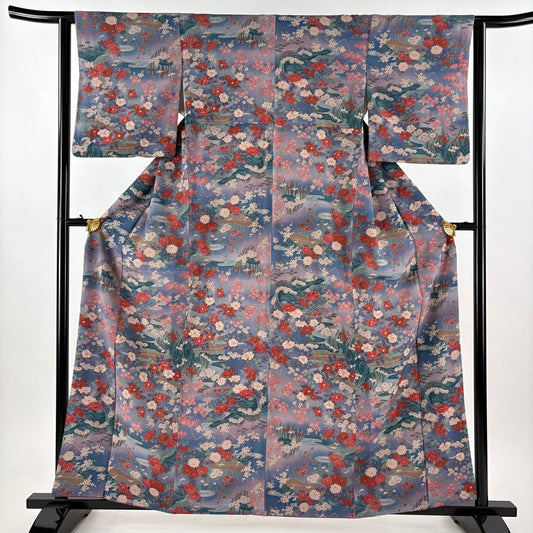 小紋 身長161cm 袖長62cm S 雙層 可洗和服 草花紋紋 水邊風景 灰紫 化纖 優品級