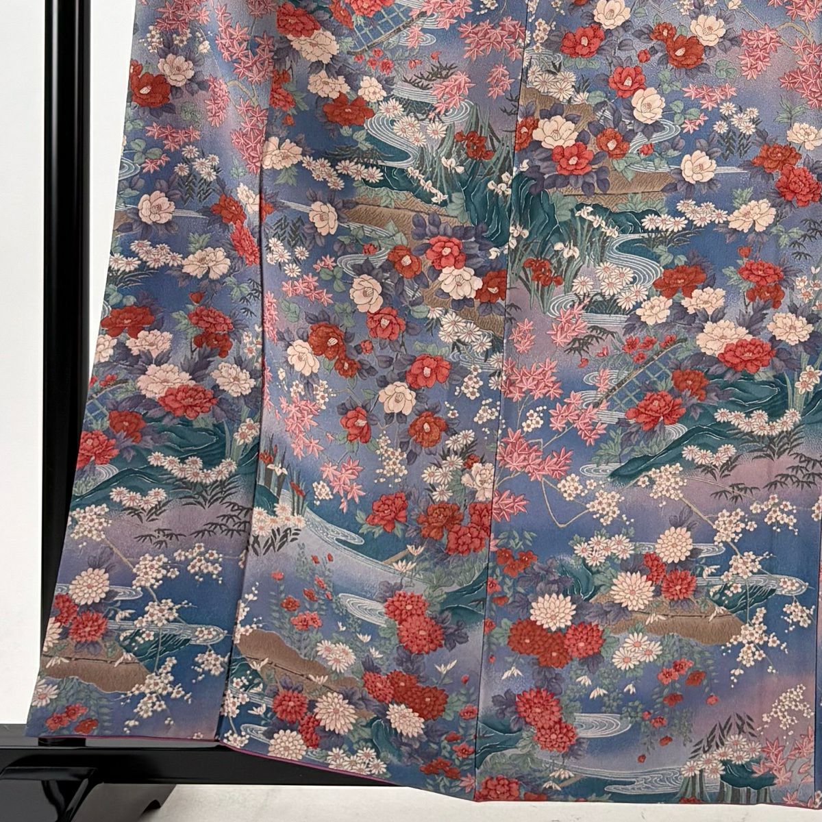 小紋 身長161cm 袖長62cm S 雙層 可洗和服 草花紋紋 水邊風景 灰紫 化纖 優品級