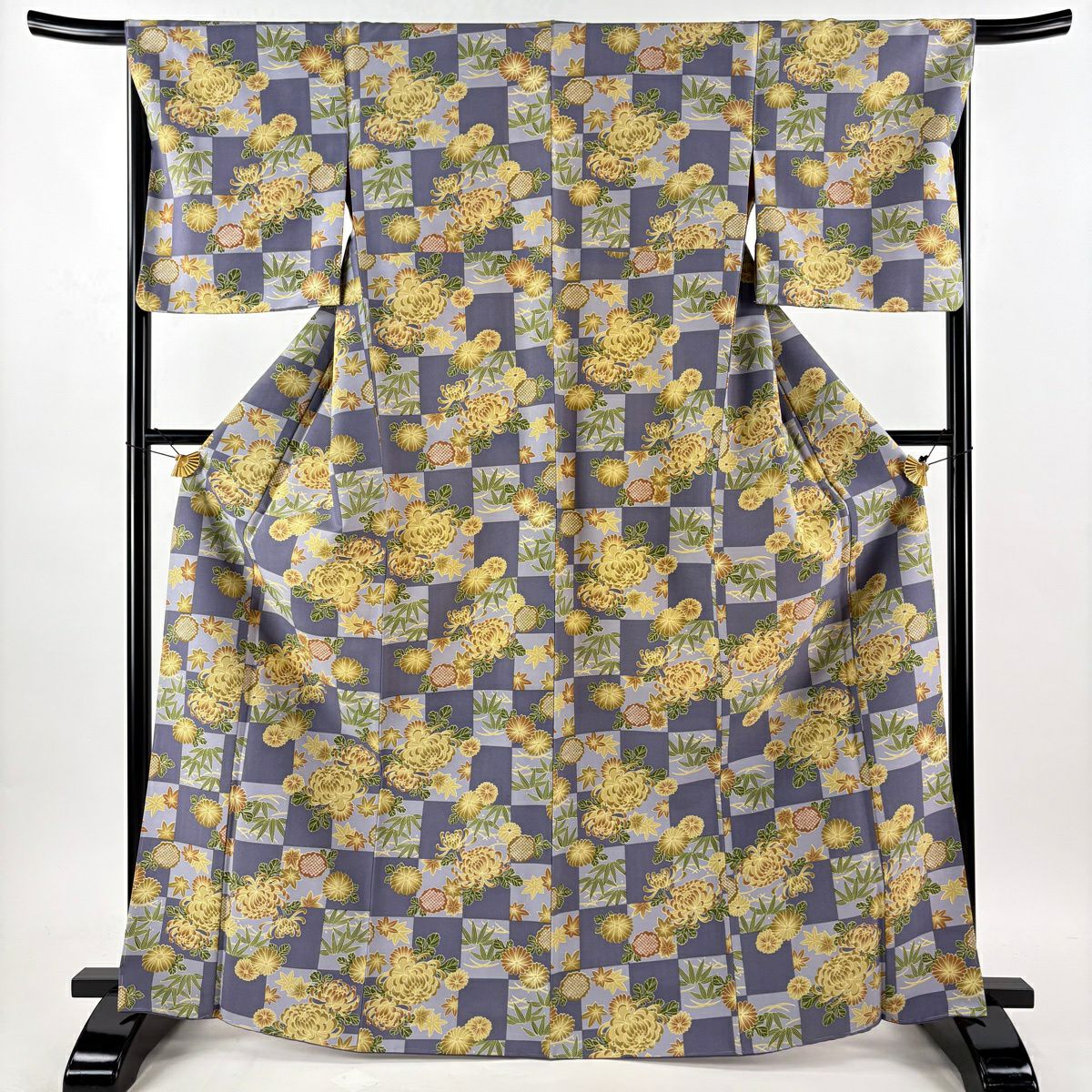 【美品】 小紋 身長168cm 袖長66.5cm M 雙層 可水洗和服 菊花 市松樹 青灰 化纖 優品級