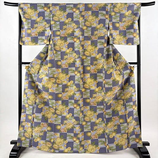 【美品】 小紋 身長168cm 袖長66.5cm M 雙層 可水洗和服 菊花 市松樹 青灰 化纖 優品級