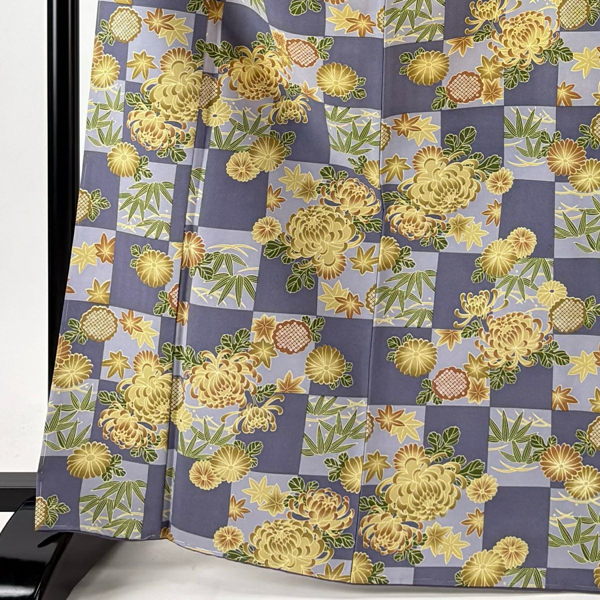 【美品】 小紋 身長168cm 袖長66.5cm M 雙層 可水洗和服 菊花 市松樹 青灰 化纖 優品級
