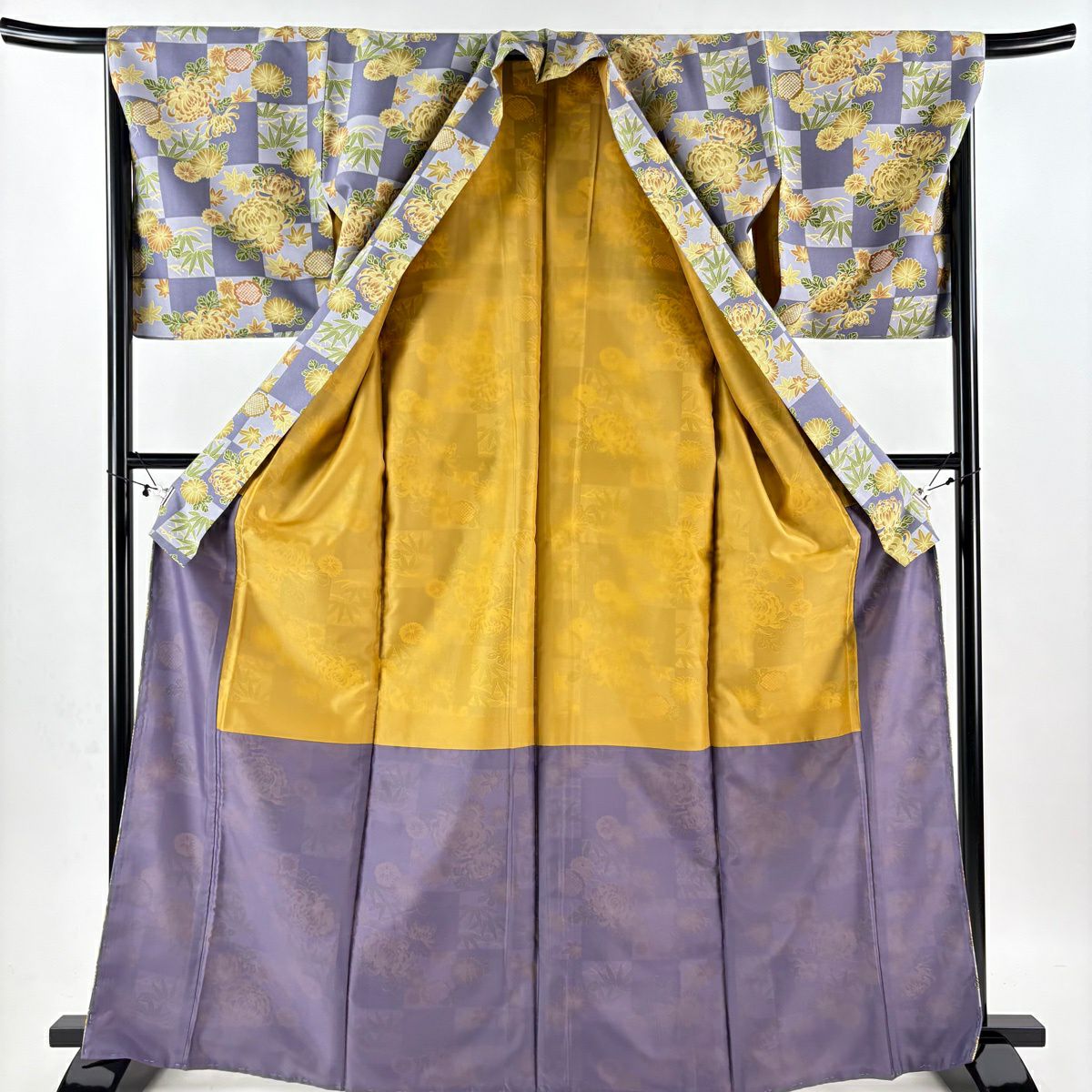【美品】 小紋 身長168cm 袖長66.5cm M 雙層 可水洗和服 菊花 市松樹 青灰 化纖 優品級