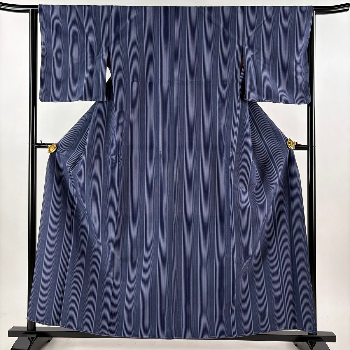 【美品】 小紋 身長157.5cm 袖長64.5cm M 雙層 可洗和服 垂直條紋 深紫 化纖 優品級