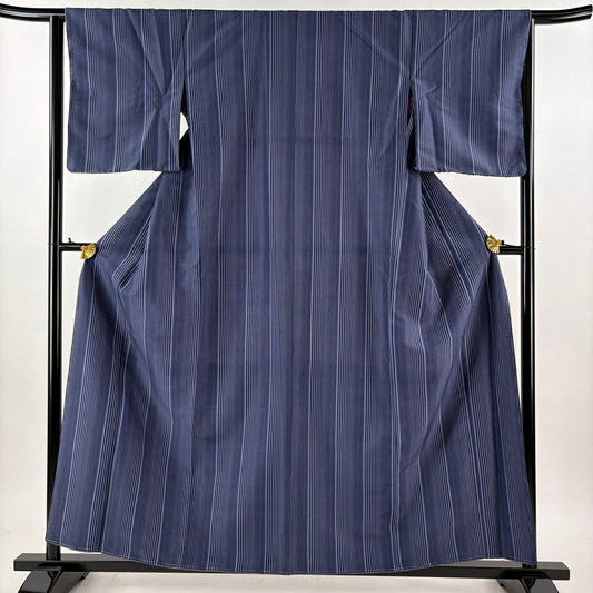【美品】 小紋 身長157.5cm 袖長64.5cm M 雙層 可洗和服 垂直條紋 深紫 化纖 優品級
