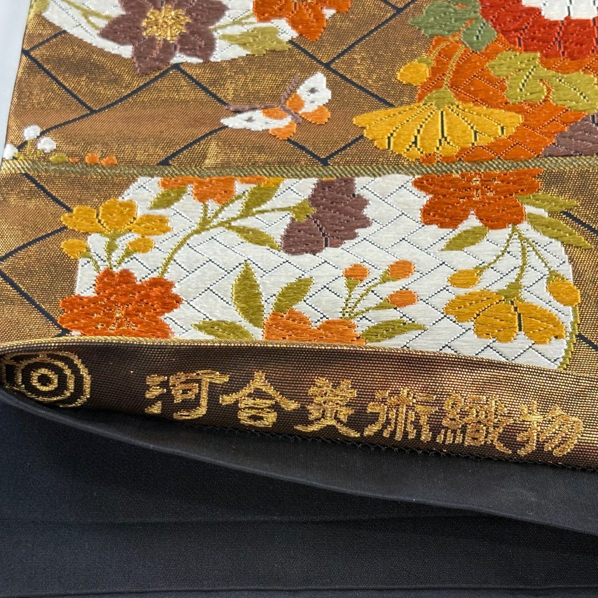 袋帶 逸品級 河合美術織物 落款あり 關西仕立 花丸文 桧垣 金絲 唐織 金色 六通 純蠶絲