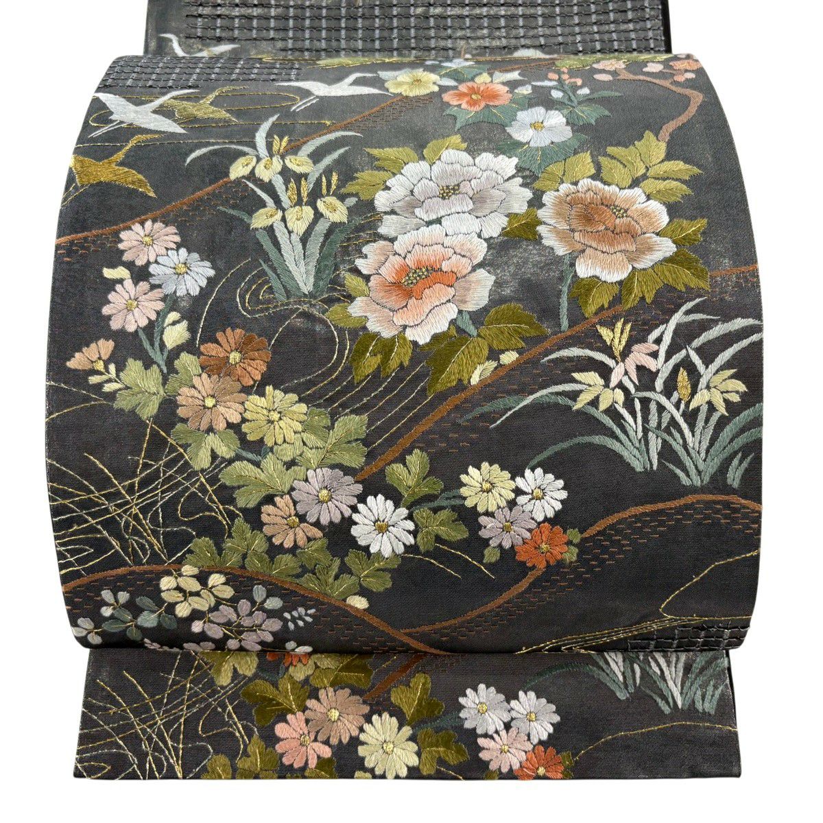 【美品】 袋帶 逸品級 草花紋紋 仙鶴 金絲 刺繡 灰色 六通 純蠶絲