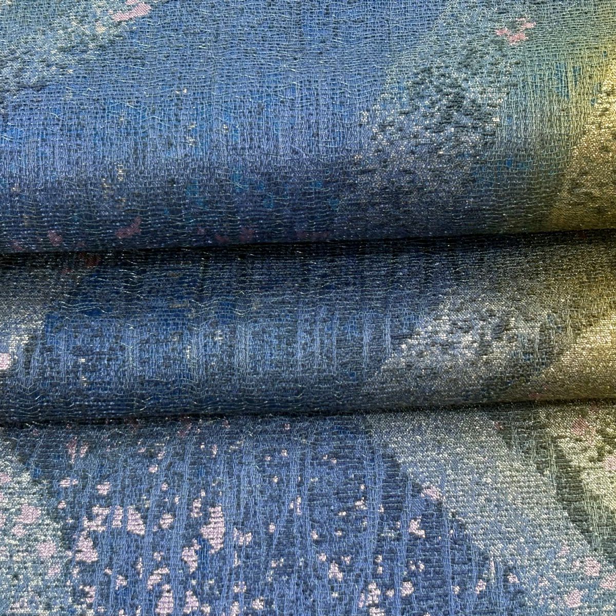 【美品】 袋帶 逸品級 證書齊全 斜條幾何圖案 銀線 金金箔 藍色 六通 純蠶絲