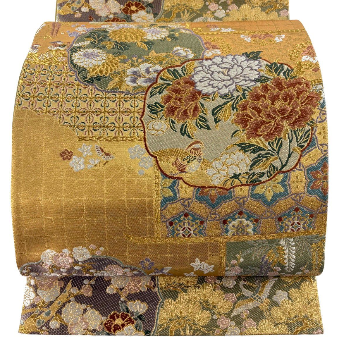 【美品】 袋帶 逸品級 有落款 有證書 市田弘美 牡丹 鴛鴦 金絲 金金箔 金色 六通 純蠶絲