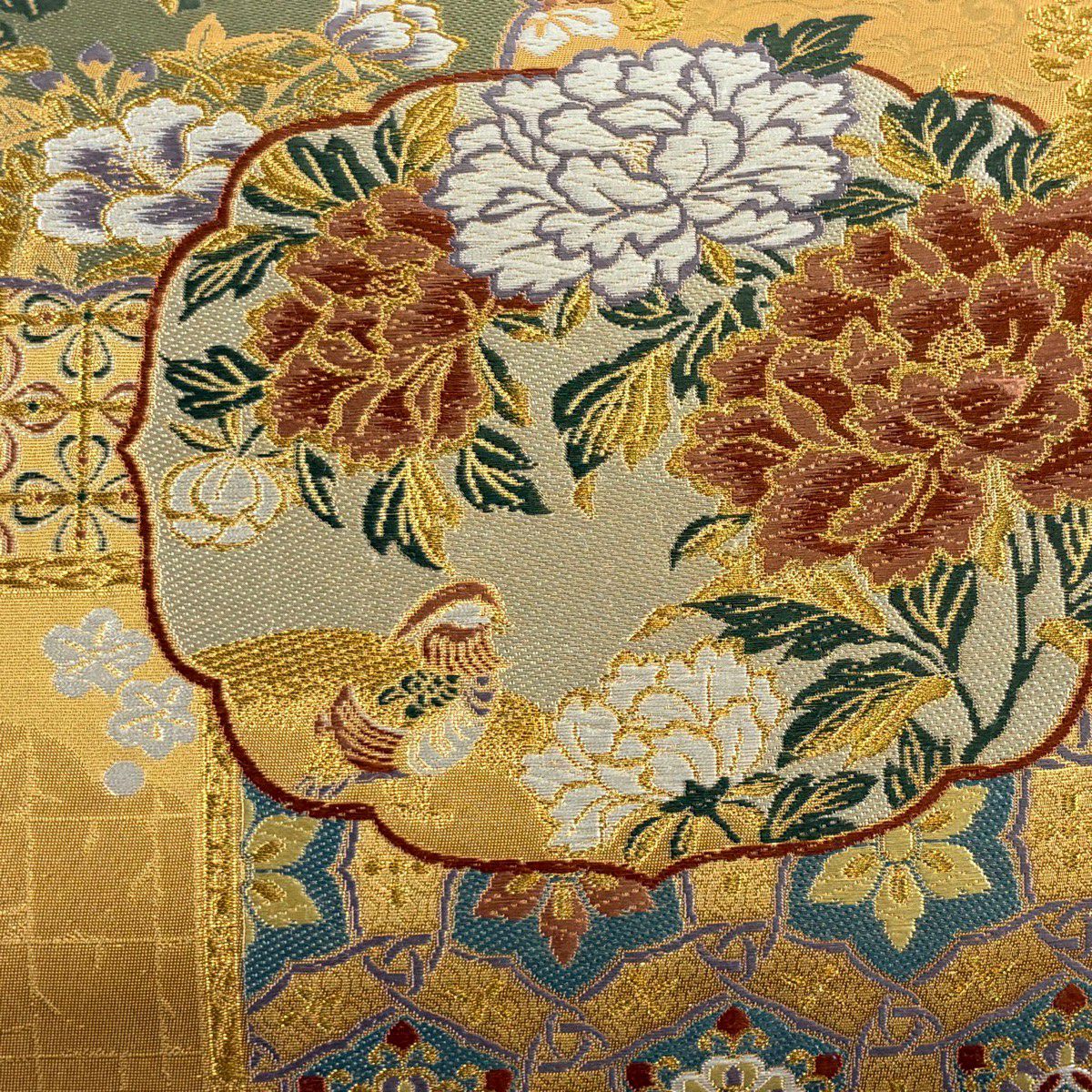 【美品】 袋帶 逸品級 有落款 有證書 市田弘美 牡丹 鴛鴦 金絲 金金箔 金色 六通 純蠶絲