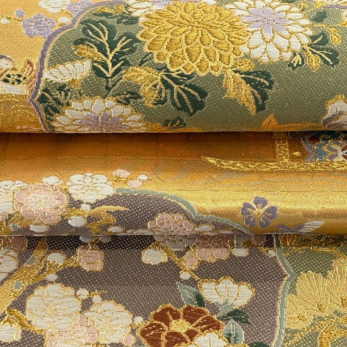 【美品】 袋帶 逸品級 有落款 有證書 市田弘美 牡丹 鴛鴦 金絲 金金箔 金色 六通 純蠶絲